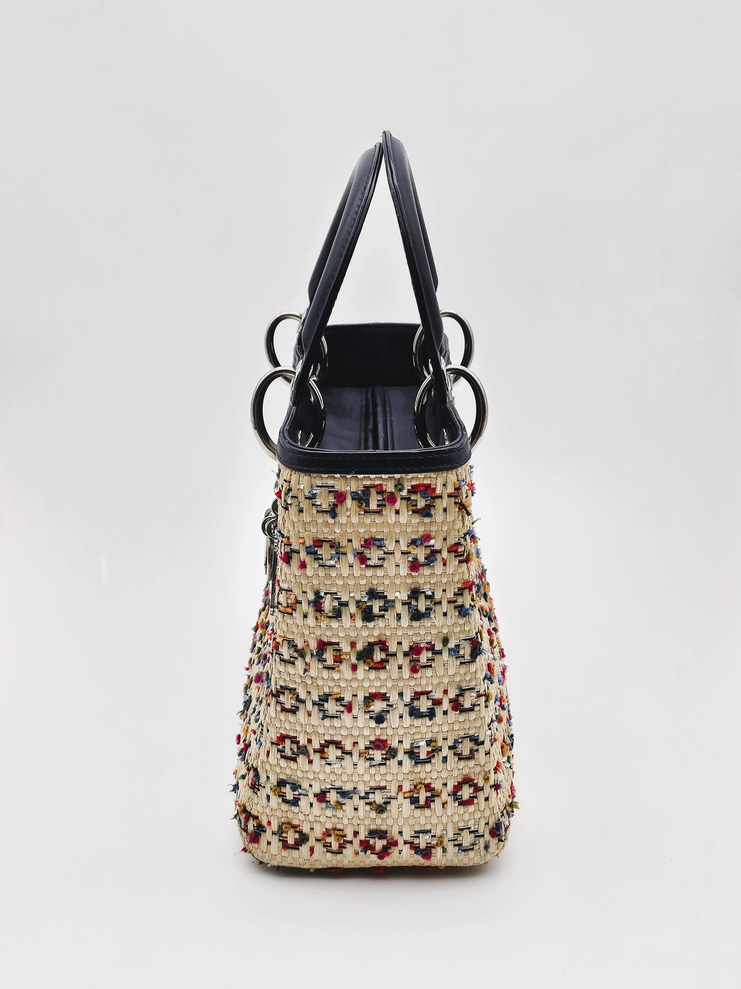 DIOR Lady Dior Medium Woven Rafia with Tweed and Leather Bag