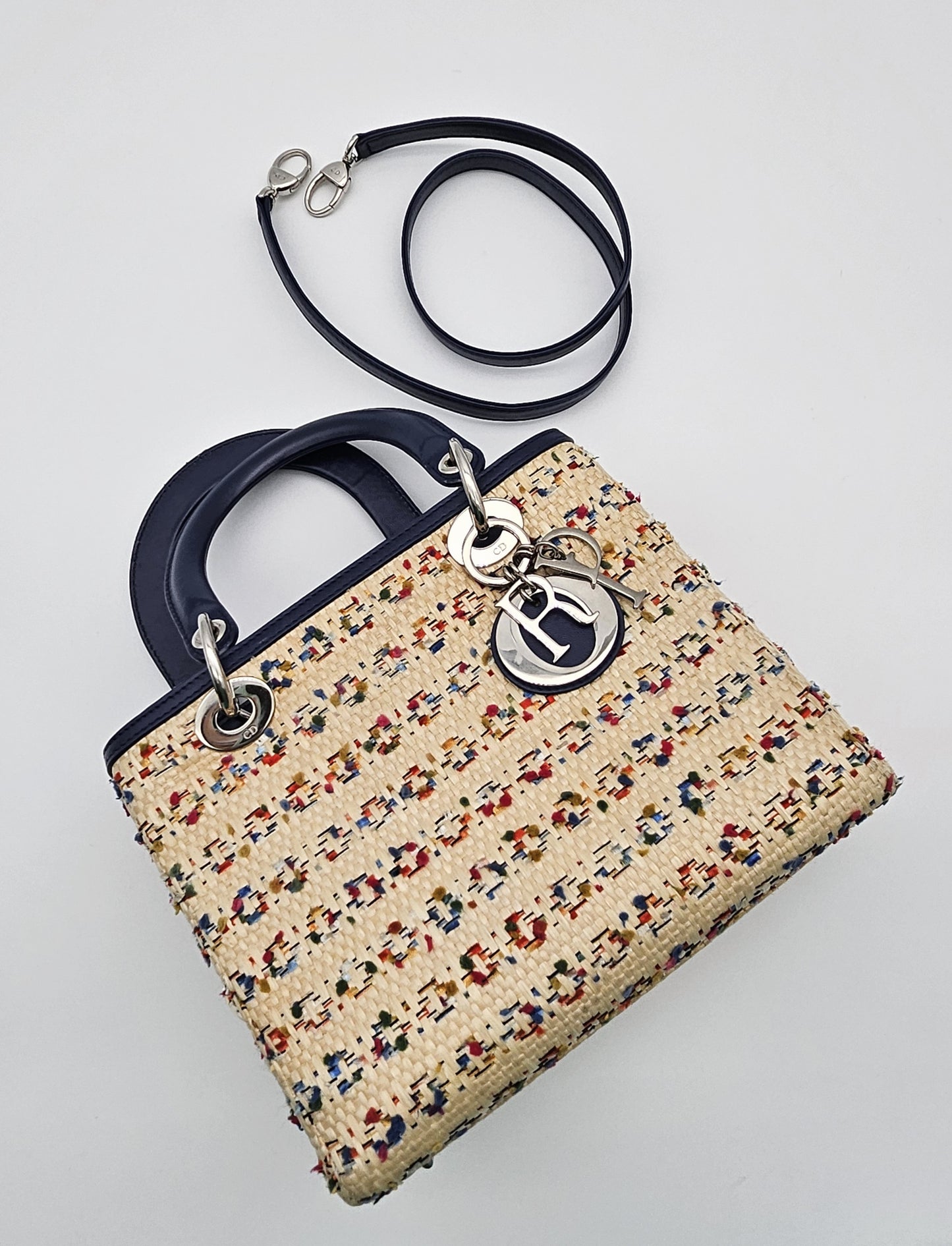 DIOR Lady Dior Medium Woven Rafia with Tweed and Leather Bag