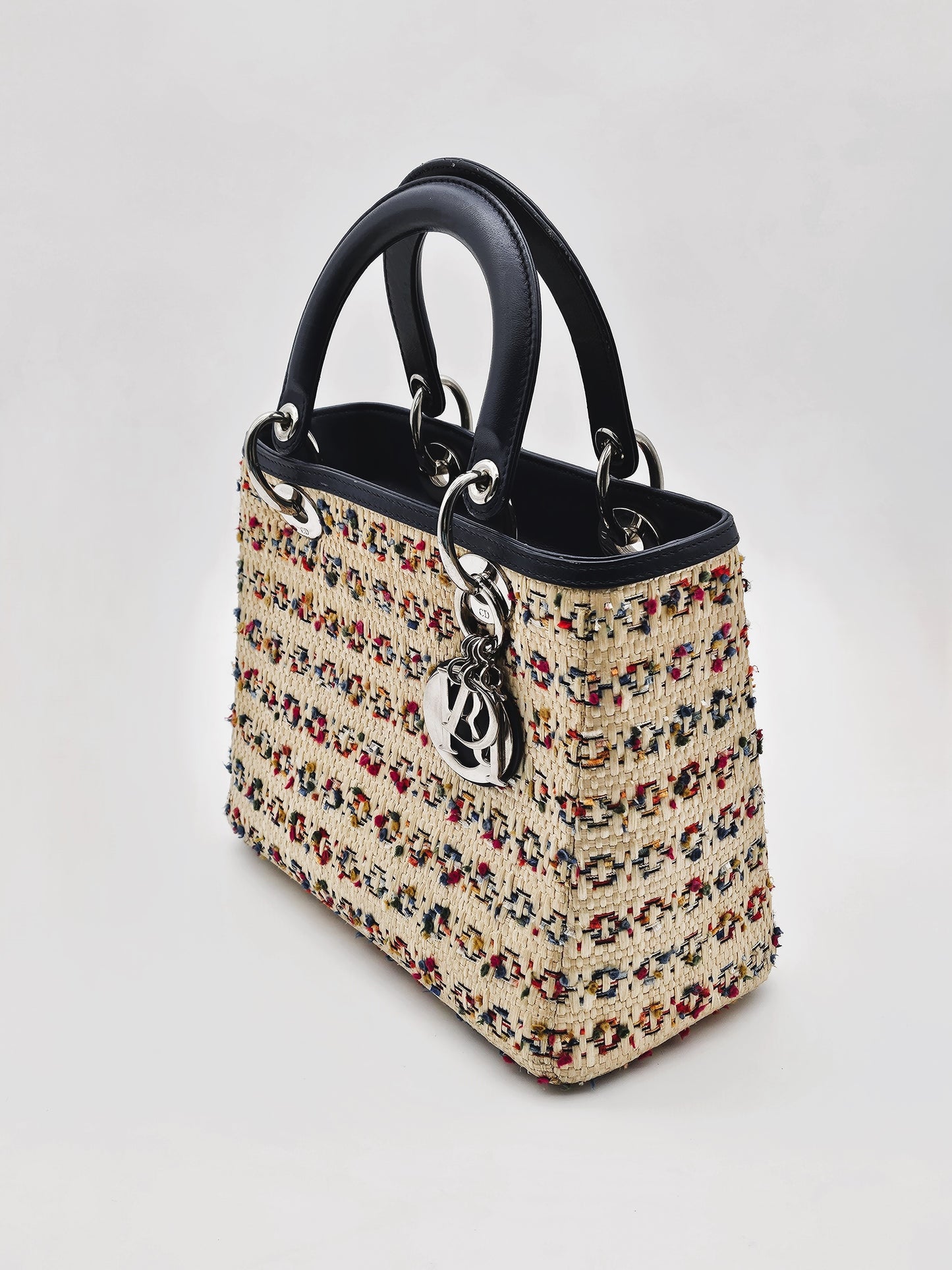 DIOR Lady Dior Medium Woven Rafia with Tweed and Leather Bag