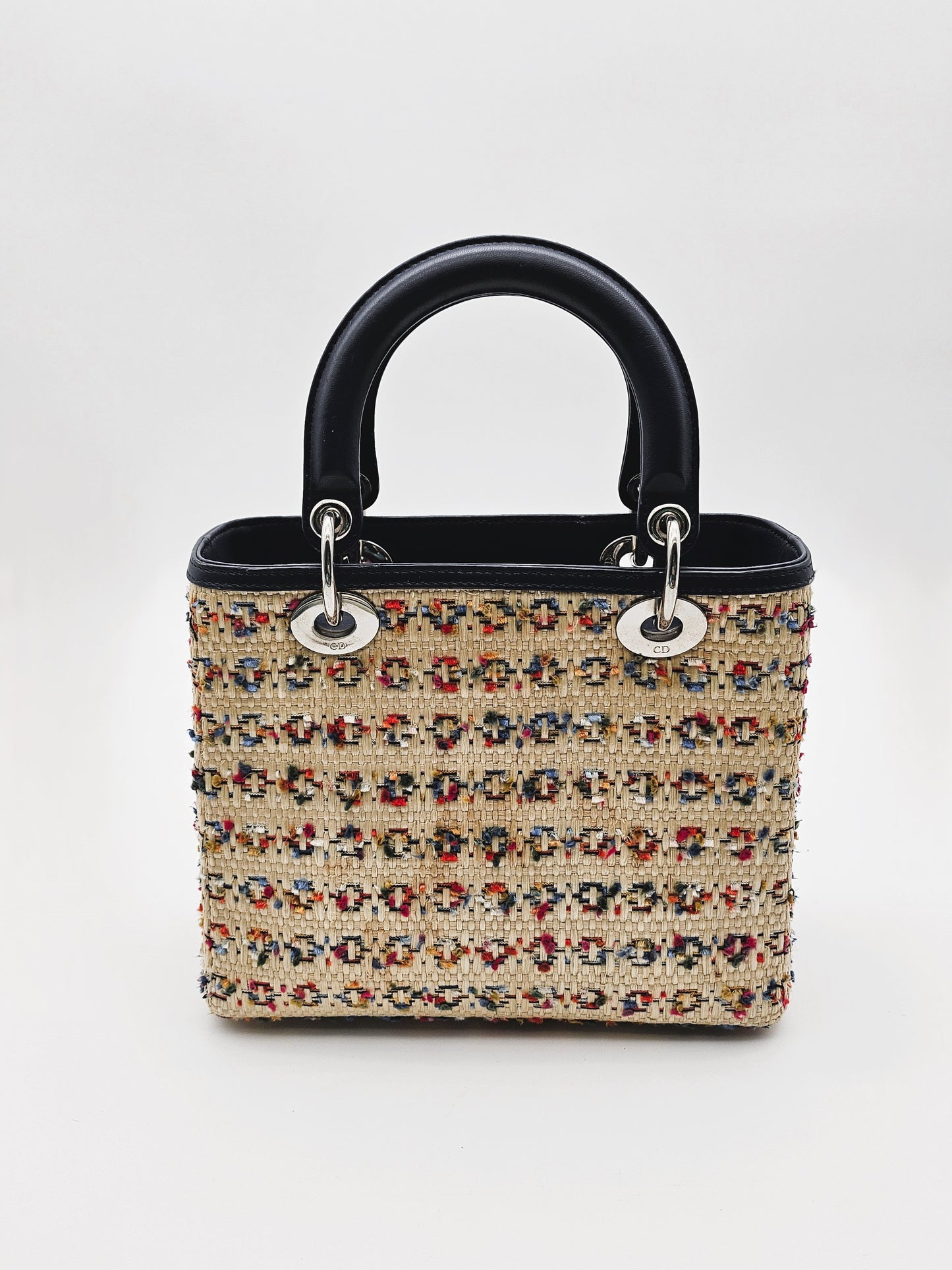 DIOR Lady Dior Medium Woven Rafia with Tweed and Leather Bag