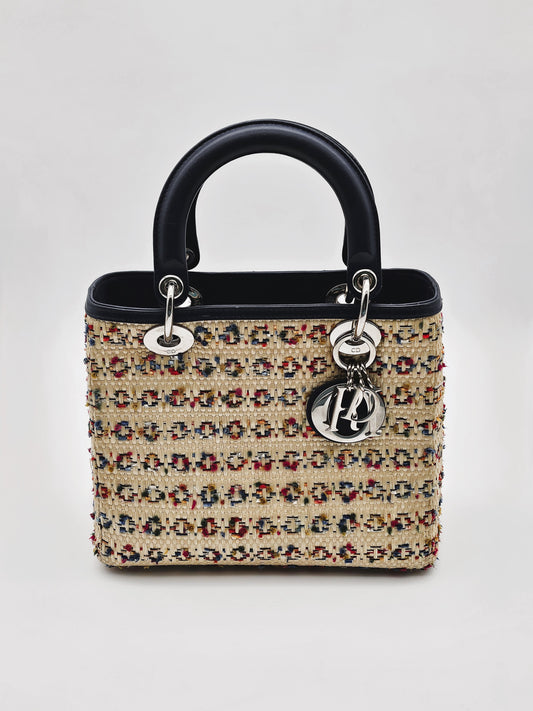 DIOR Lady Dior Medium Woven Rafia with Tweed and Leather Bag