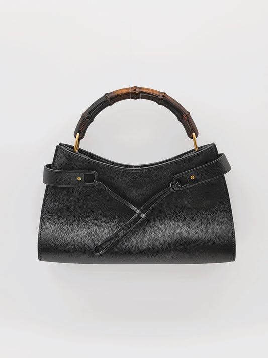 GUCCI Black Leather Bamboo Tote Bag