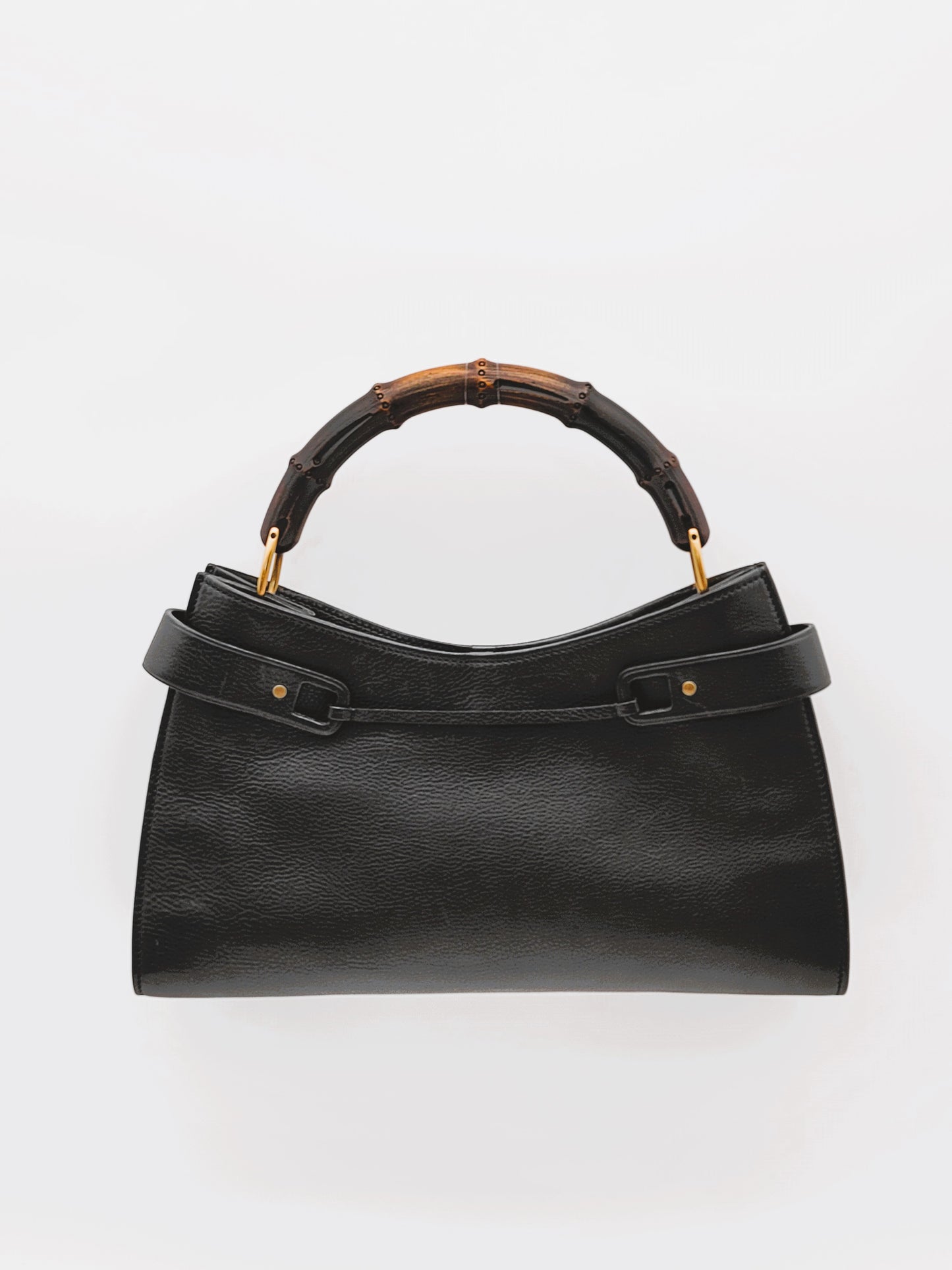 GUCCI Black Leather Bamboo Tote Bag