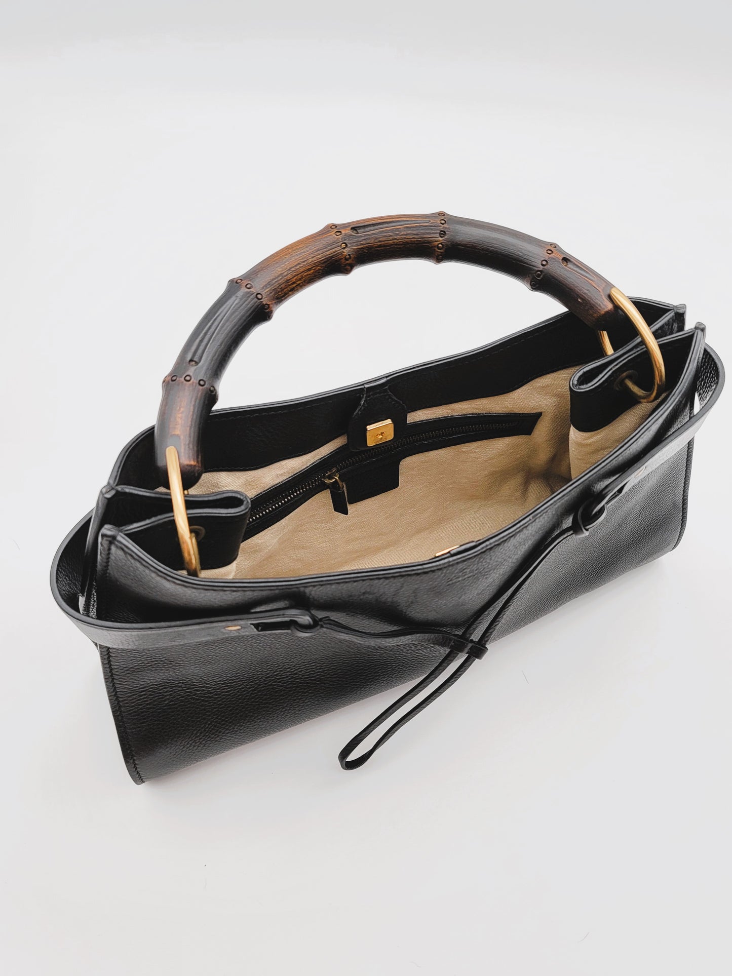 GUCCI Black Leather Bamboo Tote Bag